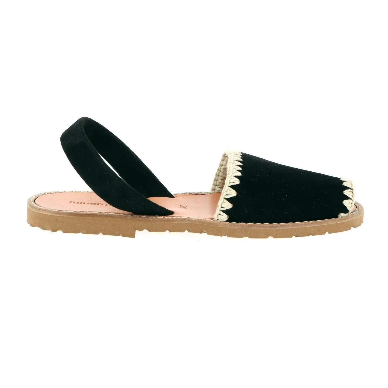 Avarca Daim Negro Ganchillo Beige